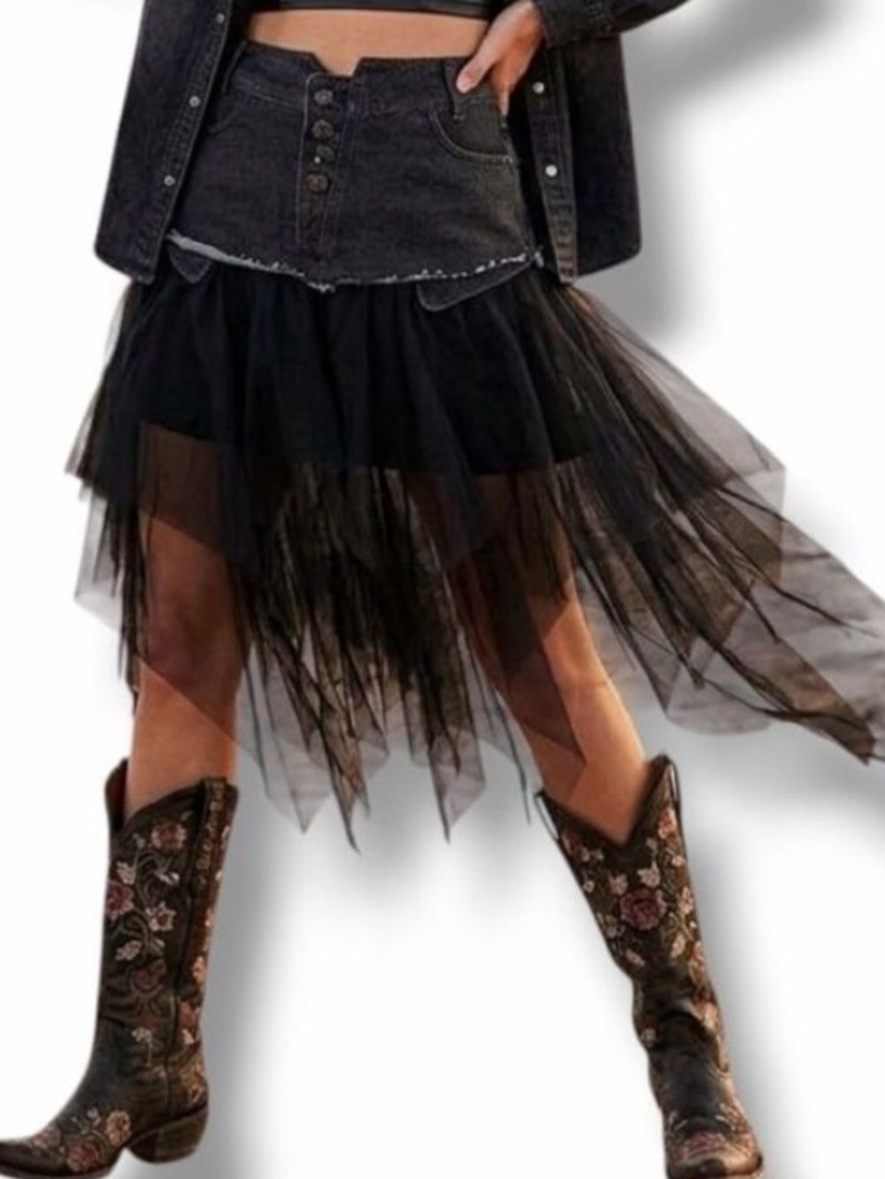 Black Denim Tulle Asymmetric Midi Skirt Lg. NWT